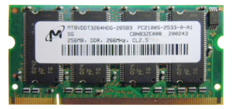 MT8VDDT3264HDG-265B3 Micron 256MB PC2100 DDR-266MHz non-ECC Unbuffered CL2.5 200-Pin SDRAM SoDimm Memory Module
