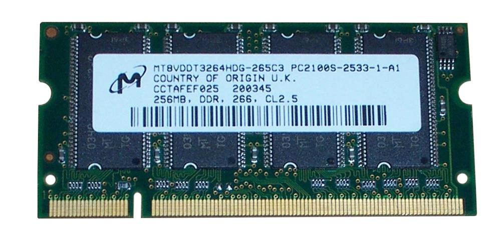 MT8VDDT3264HDG-265C3 Micron 256MB PC2100 DDR-266MHz non-ECC Unbuffered CL2.5 200-Pin SoDimm Memory Module