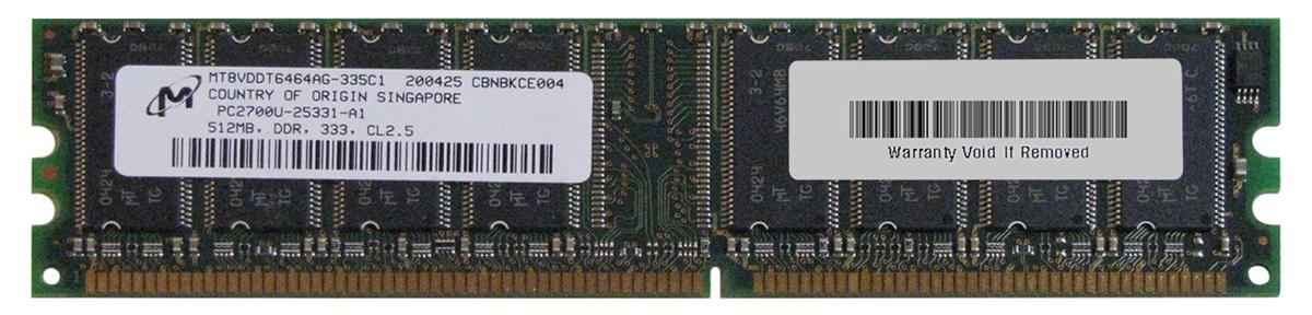 MT8VDDT6464AG-335C1 Micron 512MB PC2700 DDR-333MHz non-ECC Unbuffered CL2.5 184-Pin DIMM Single Rank Memory Module