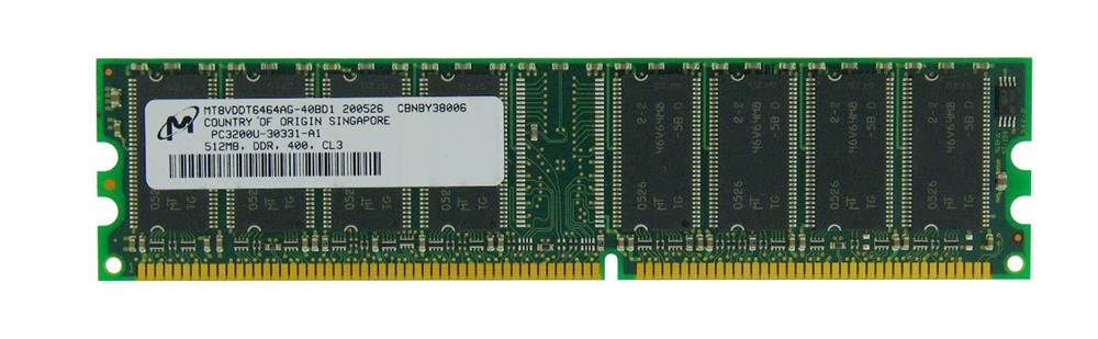 MT8VDDT6464AG-40BD1 Micron 512MB PC3200 DDR-400MHz non-ECC Unbuffered CL3 184-Pin DIMM Single Rank Memory Module