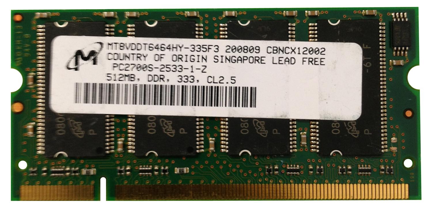 MT8VDDT6464HY-335F3 Micron 512MB PC2700 DDR-333MHz non-ECC Unbuffered CL2.5 200-Pin SoDimm Single Rank Memory Module
