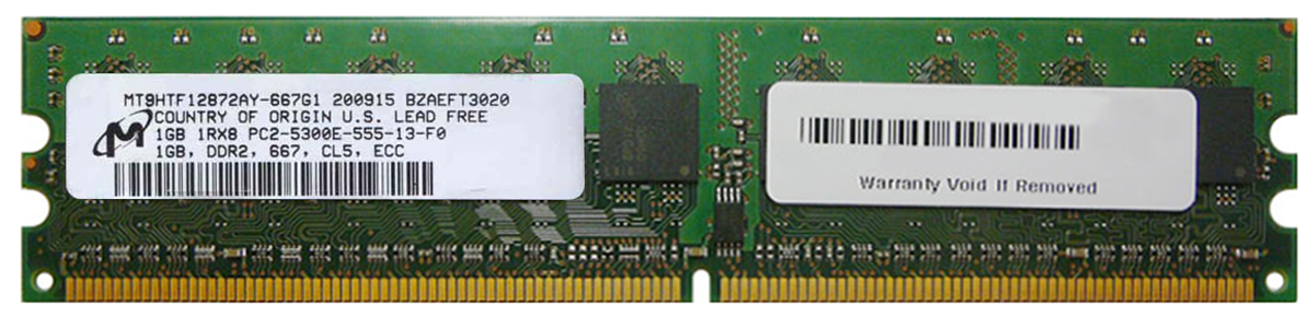 MT9HTF12872AY-667 Micron 1GB PC2-5300 DDR2-667MHz ECC Unbuffered CL5 240-Pin DIMM Single Rank Memory Module