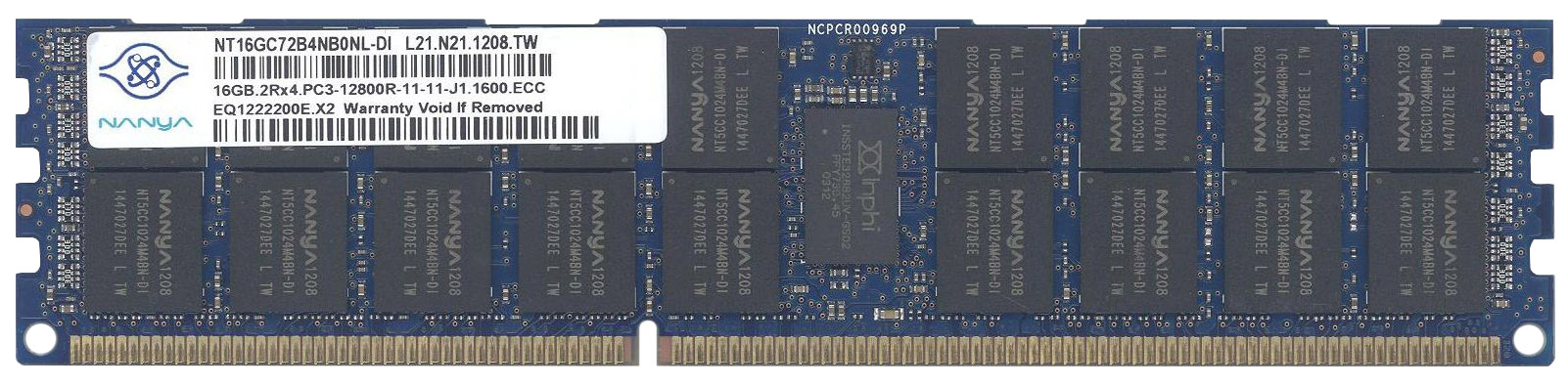 NT16GC72B4NB0NL-DI Nanya 16GB PC3-12800 DDR3-1600MHz ECC Registered CL11 240-Pin DIMM Dual Rank Memory Module