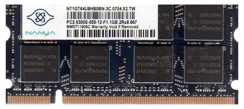 NT1GT64U8HB0BN-3C Nanya 1GB PC2-5300 DDR2-667MHz non-ECC Unbuffered CL5 200-Pin SoDimm Dual Rank Memory Module