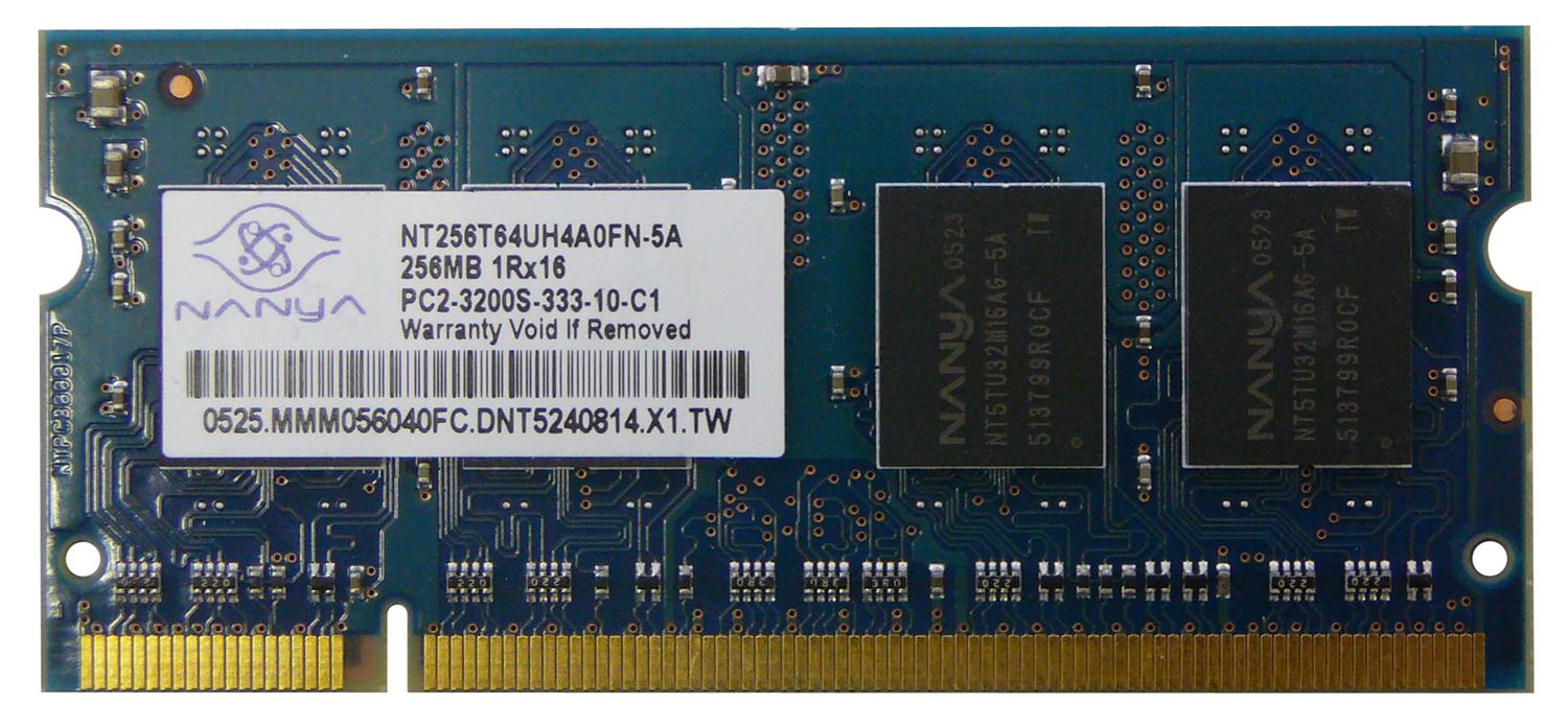 NT256T64UH4A0FN-5A Nanya 256MB PC2-3200 DDR2-400MHz non-ECC Unbuffered CL3 200-Pin SoDimm Memory Module