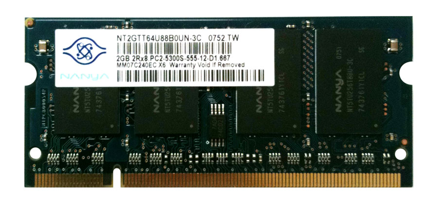 NT2GTT64U88B0UN-3C Nanya 2GB PC2-5300 DDR2-667MHz non-ECC Unbuffered CL5 200-Pin SoDimm Single Rank Memory Module