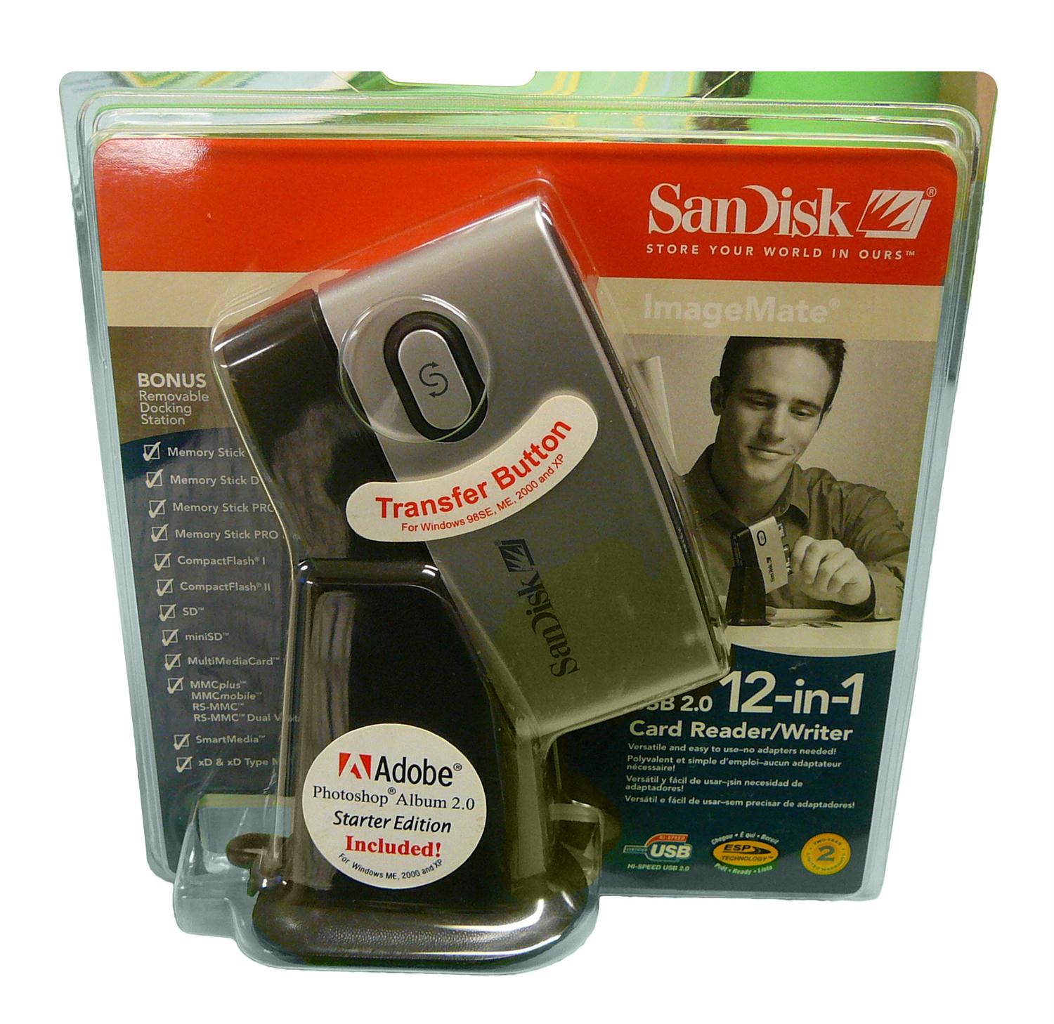 SDDR-89-A15 SanDisk ImageMate 12 in 1 Reader/Writer CompactFlash Type I, CompactFlash Type II, Memory Stick, Memory Stick PRO, MultiMediaCard (MMC), Secure Digital (SD) Card, SmartMedia Card (SM), Memory Stick Duo, xD-Picture Card, Memory Stick PRO Duo, miniSD Card, RS-MMC