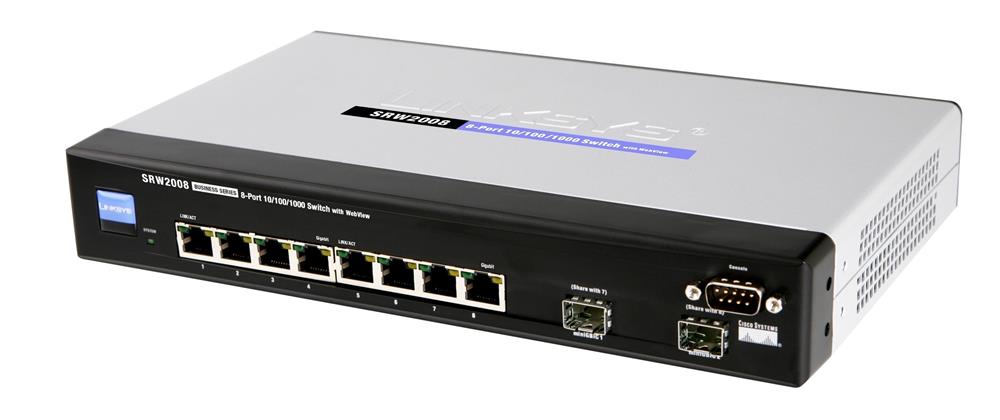 SRW2008-K9-G5 Cisco SRW2008 8-Ports 10/1000Mbps 2 x Combo mini-GBIC Port Gigabit Managed Switch (Refurbished)