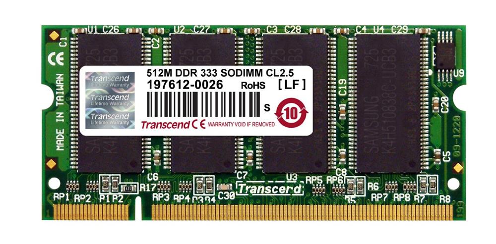 TS64MSD64V3J Transcend 512MB PC2700 DDR-333MHz non-ECC Unbuffered CL2.5 200-Pin SoDimm Memory Module