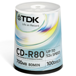 CD-R80CB100 TDK 700MB 52x CD-R Optocal Media (100-Pack)
