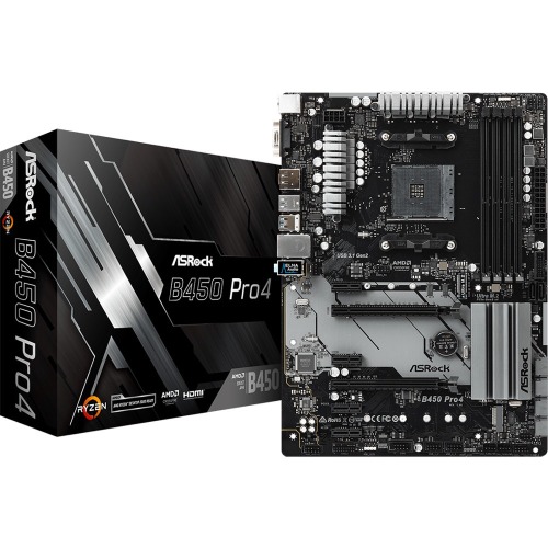 B450 PRO4 ASRock Socket AM4 AMD Promontory B450 Chipset AMD Ryzen Series Processors Support DDR4 4x DIMM 4x SATA3 6.0Gb/s ATX Motherboard (Refurbished)