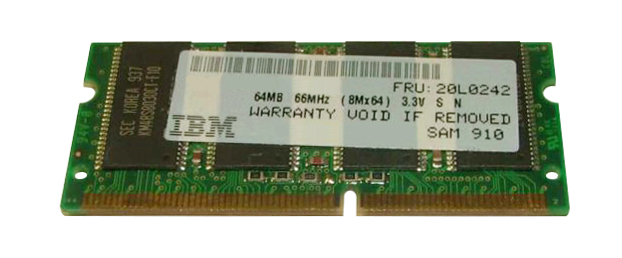 20L0242 IBM 64MB PC66 66MHz non-ECC Unbuffered CL2 144-Pin SoDimm Memory Module