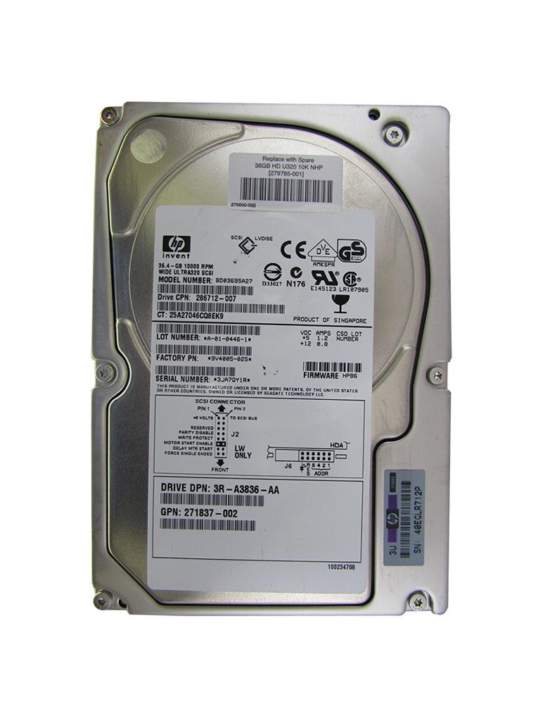 279785-001 HP 36.4GB 10000RPM Ultra-320 SCSI 68-Pin LVD 3.5-inch Internal Hard Drive