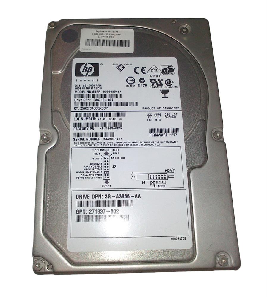 286712-007 HP 36.4GB 10000RPM Ultra-320 SCSI 68-Pin LVD 3.5-inch Internal Hard Drive