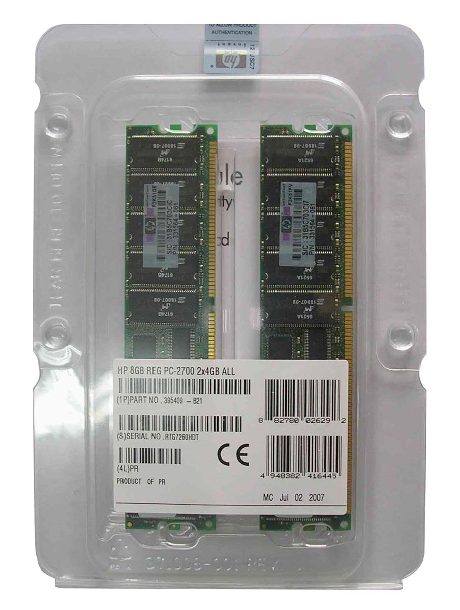 395409-B21 HP 8GB Kit (2 X 4GB) PC2700 DDR-333MHz Registered ECC CL2.5 184-Pin DIMM 2.5V Memory for ProLiant BL25p / BL35p / BL45p / / DL385 / DL585 Server