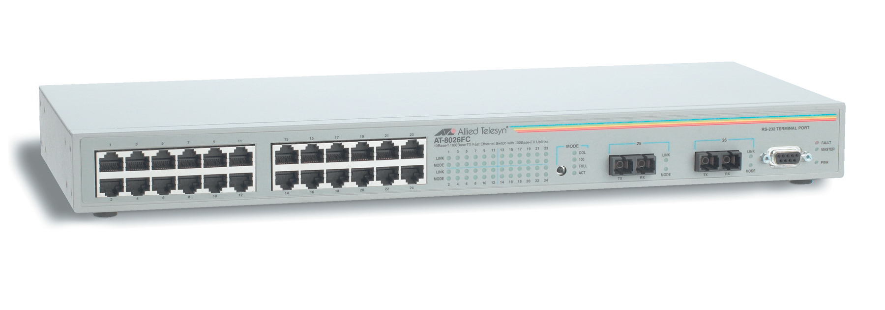 AT-8026FC Allied Telesis 24-Ports 10Base-T/ 100Base-TX Fast Ethernet Layer 2 Rack-mountable Managed Switch with 2x 100Base-FX Ports (Refurbished)