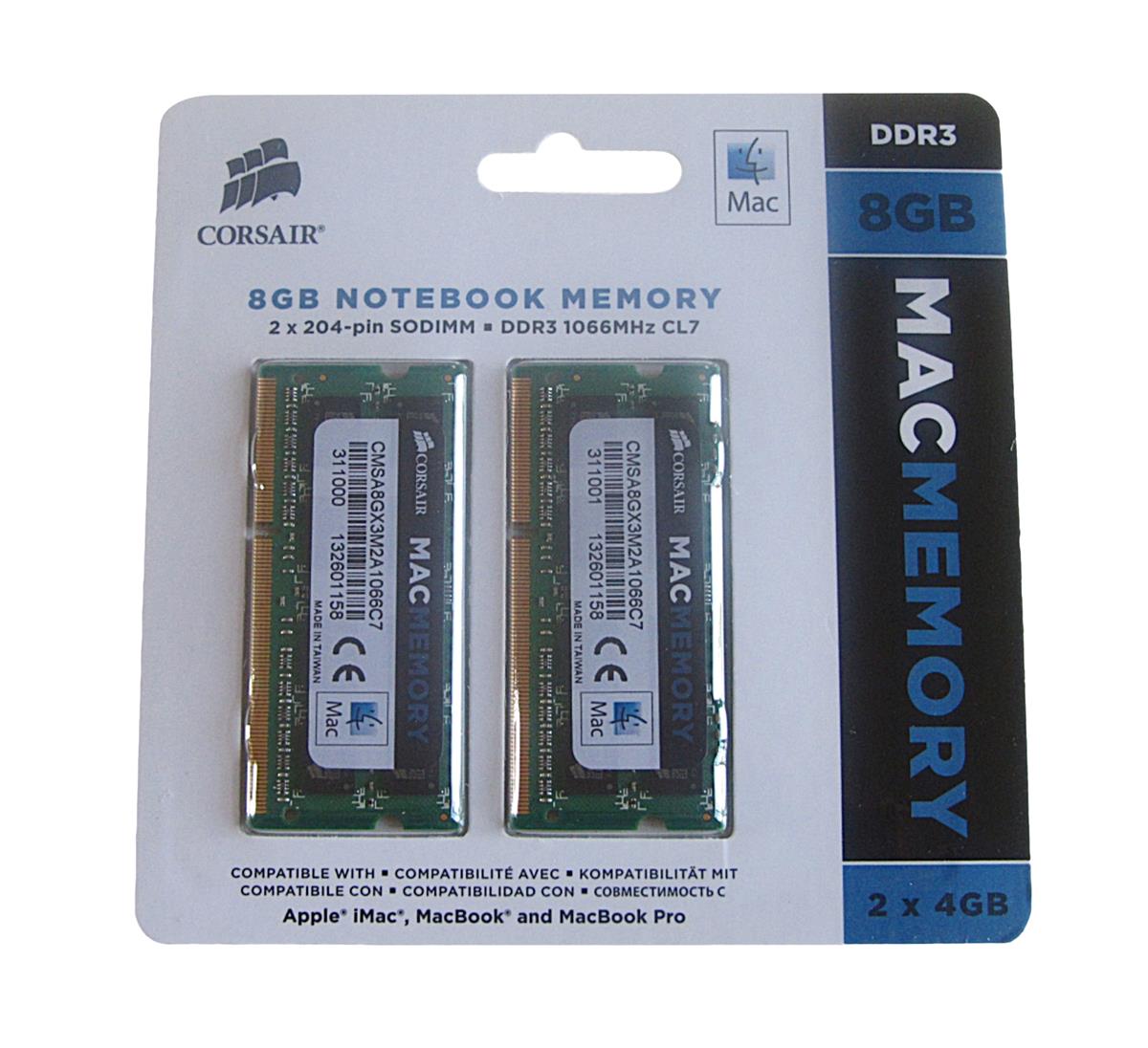 CMSA8GX3M2A1066C7 Corsair 8GB Kit (2 X 4GB) PC3-8500 DDR3-1066MHz non-ECC Unbuffered CL7 204-Pin SoDimm Dual Rank Memory for Apple