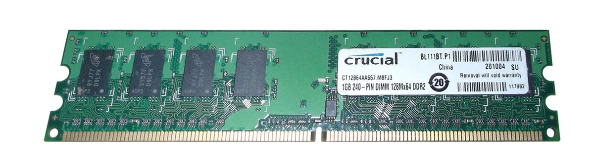 CT12864AA667.M8FJ3 Crucial 1GB PC2-5300 DDR2-667MHz non-ECC Unbuffered CL5 240-Pin DIMM Memory Module