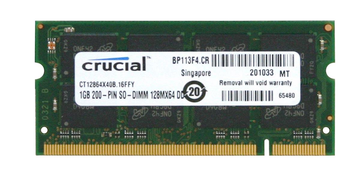 CT12864X40B Crucial 1GB PC3200 DDR-400MHz non-ECC Unbuffered CL3 200-Pin SoDimm 2.5V Memory Module