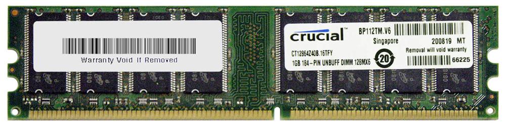 CT12864Z40B.16TFY Crucial 1GB PC3200 DDR-400Mhz non-ECC Unbuffered CL3 184-Pin DIMM Memory Module