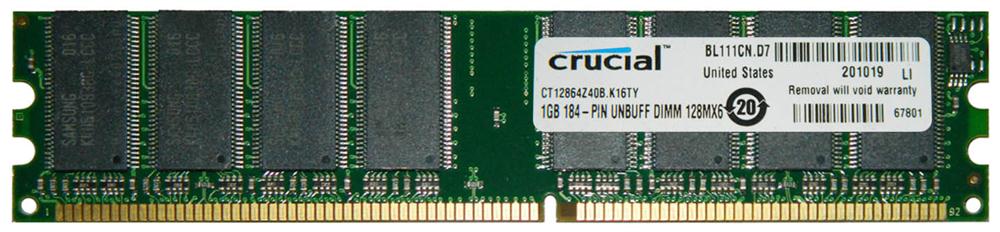 CT12864Z40B.K16TY Crucial 1GB PC3200 DDR-400MHz non-ECC Unbuffered CL3 184-Pin DIMM Memory Module