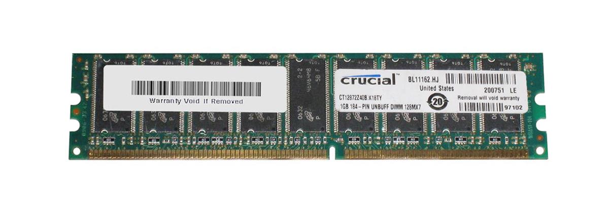 CT12872Z40B Crucial 1GB PC3200 DDR-400MHz ECC Unbuffered CL3 184-Pin DIMM Memory Module