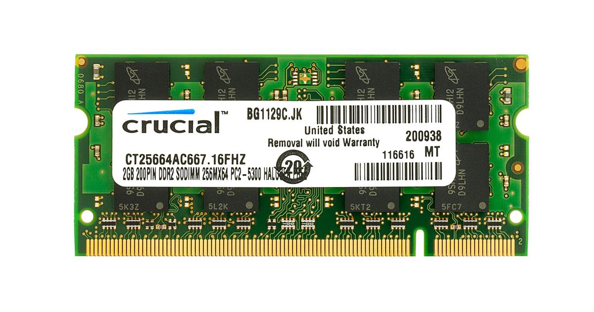 CT25664AC667 Crucial 2GB PC2-5300 DDR2-667MHz non-ECC Unbuffered CL5 200-Pin SoDimm Memory Module