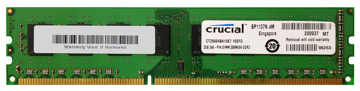 CT25664BA1067.16SFD Crucial 2GB PC3-8500 DDR3-1066MHz non-ECC Unbuffered CL7 240-Pin DIMM Memory Module