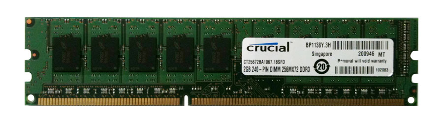 CT25672BA1067.18SFD Crucial 2GB PC3-8500 DDR3-1066MHz ECC Unbuffered CL7 240-Pin DIMM Dual Rank Memory Module