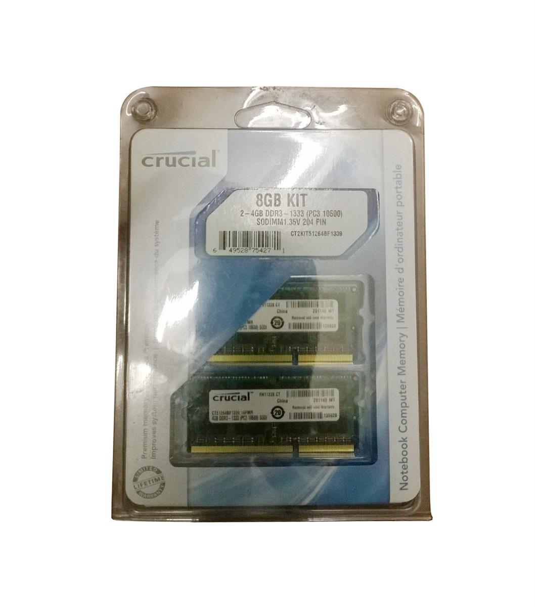 CT2KIT51264BF1339 Crucial 8GB Kit (2 X 4GB) PC3-10600 DDR3-1333MHz non-ECC Unbuffered CL9 204-Pin SoDimm 1.35V Low Voltage Memory