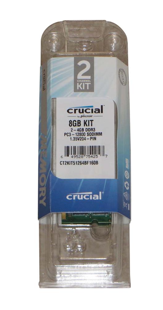 CT2KIT51264BF160B Crucial 8GB Kit (2 X 4GB) PC3-12800 DDR3-1600MHz non-ECC Unbuffered CL11 204-Pin SoDimm 1.35V Low Voltage Memory