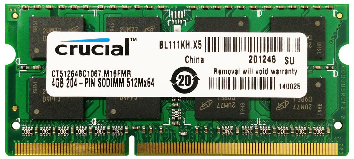 CT51264BC1067 Crucial 4GB PC3-8500 DDR3-1066MHz non-ECC Unbuffered CL7 204-Pin SoDimm Dual Rank Memory Module