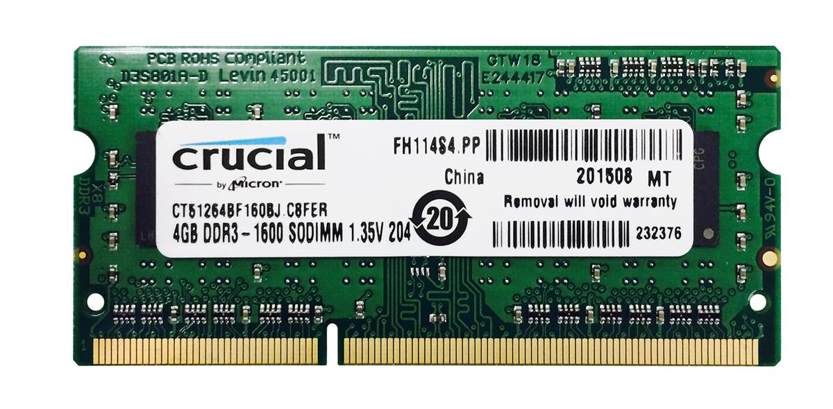 CT51264BF160BJ Crucial 4GB PC3-12800 DDR3-1600MHz non-ECC Unbuffered CL11 204-Pin SoDimm 1.35V Low Voltage Single Rank Memory Module