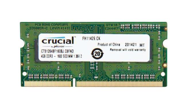 CT51264BF160BJ.C8FND Crucial 4GB PC3-12800 DDR3-1600MHz non-ECC Unbuffered CL11 204-Pin SoDimm 1.35V Low Voltage Single Rank Memory Module