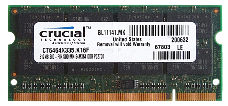 CT6464X335 Crucial 512MB PC2700 DDR-333MHz non-ECC Unbuffered CL2.5 200-Pin SoDimm 2.5V Memory Module