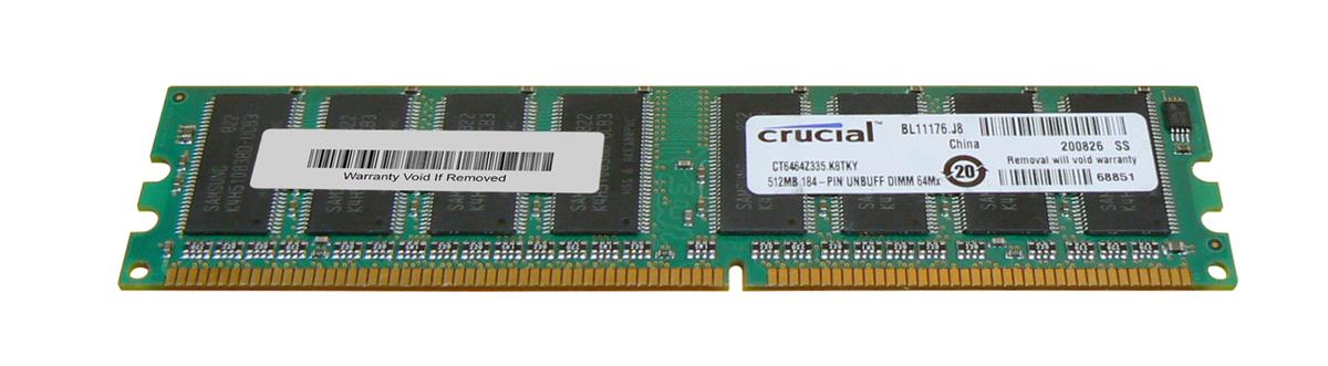 CT6464Z335 Crucial 512MB PC2700 DDR-333MHz non-ECC Unbuffered CL2.5 184-Pin DIMM 2.5V Memory Module