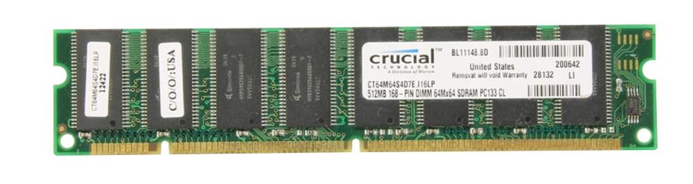 CT64M64S4D7E Crucial 512MB PC133 133MHz non-ECC Unbuffered CL3 168-Pin DIMM Memory Module
