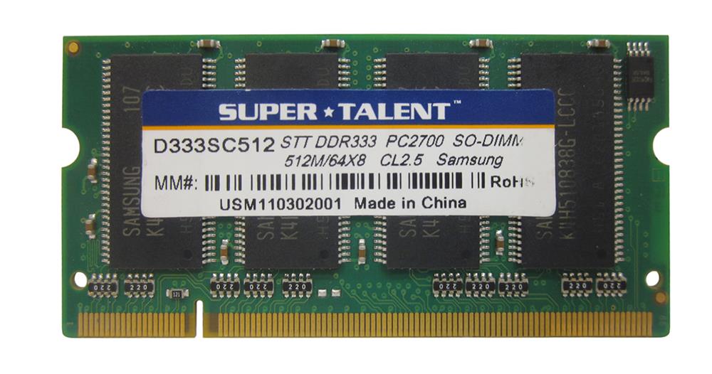 D333SC512 Super Talent 512MB PC2700 DDR-333MHz non-ECC Unbuffered CL2.5 200-Pin SoDimm Memory Module