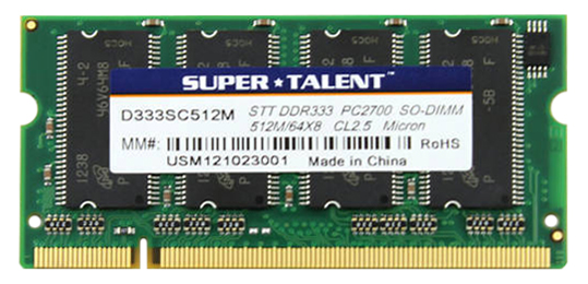 D333SC512M Super Talent 512MB PC2700 DDR-333MHz non-ECC Unbuffered CL2.5 200-Pin SoDimm Memory Module