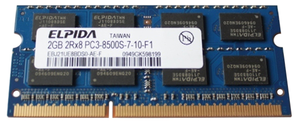 EBJ21UE8BDS0-AE-F-US Elpida 2GB PC3-8500 DDR3-1066MHz non-ECC Unbuffered CL7 204-Pin SoDimm Dual Rank Memory Module