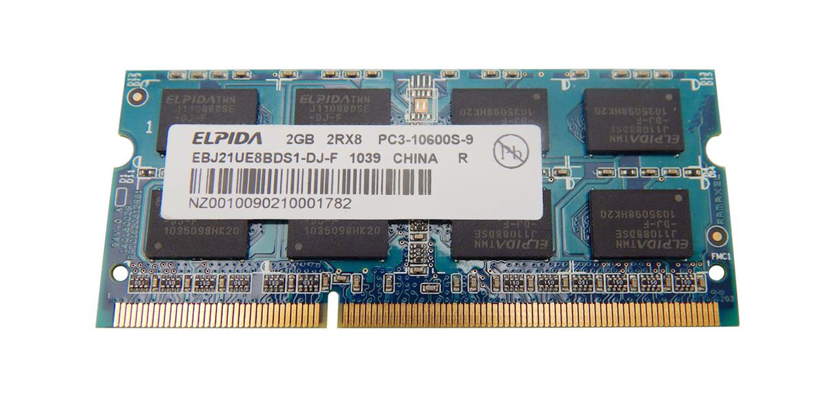 EBJ21UE8BDS1-DJ-F Elpida 2GB PC3-10600 DDR3-1333MHz non-ECC Unbuffered CL9 204-Pin SoDimm Dual Rank Memory Module