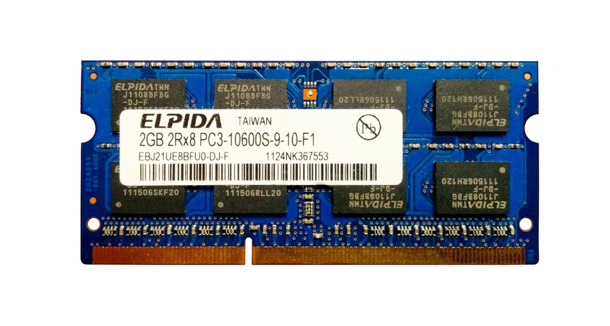 EBJ21UE8BFU0-DJ-F Elpida 2GB PC3-10600 DDR3-1333MHz non-ECC Unbuffered CL9 204-Pin SoDimm Dual Rank Memory Module