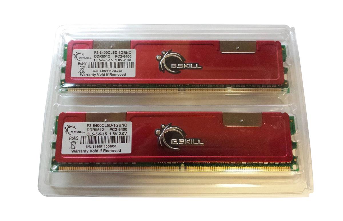 F2-6400CL5D-1GBNQ G.Skill 1GB Kit (2 x 512MB) PC2-6400 DDR2-800MHz non-ECC Unbuffered CL-5-5-5-15 240-Pin DIMM Memory