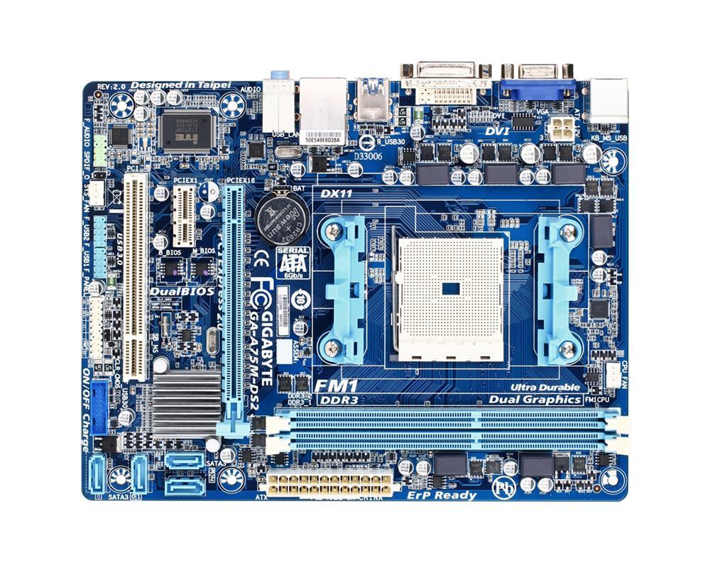 GA-A75M-DS2 Gigabyte Socket FM1 AMD A75 Chipset AMD A & E2-Series Processors Support DDR3 2x DIMM 4x SATA 6.0Gb/s Micro-ATX Motherboard (Refurbished)