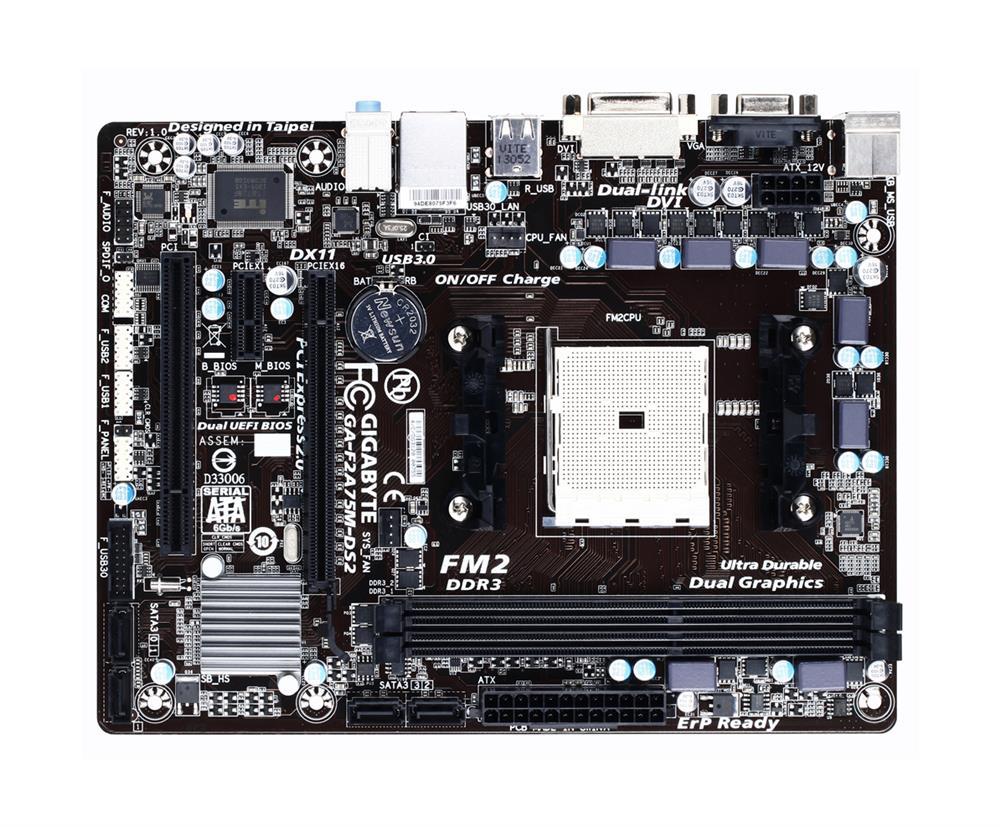 GA-F2A75M-DS2 Gigabyte Socket FM2 AMD A75 Chipset AMD A-Series/ Athlon Series Processors Support DDR3 2x DIMM 4x SATA 6.0Gb/s Micro-ATX Motherboard (Refurbished)