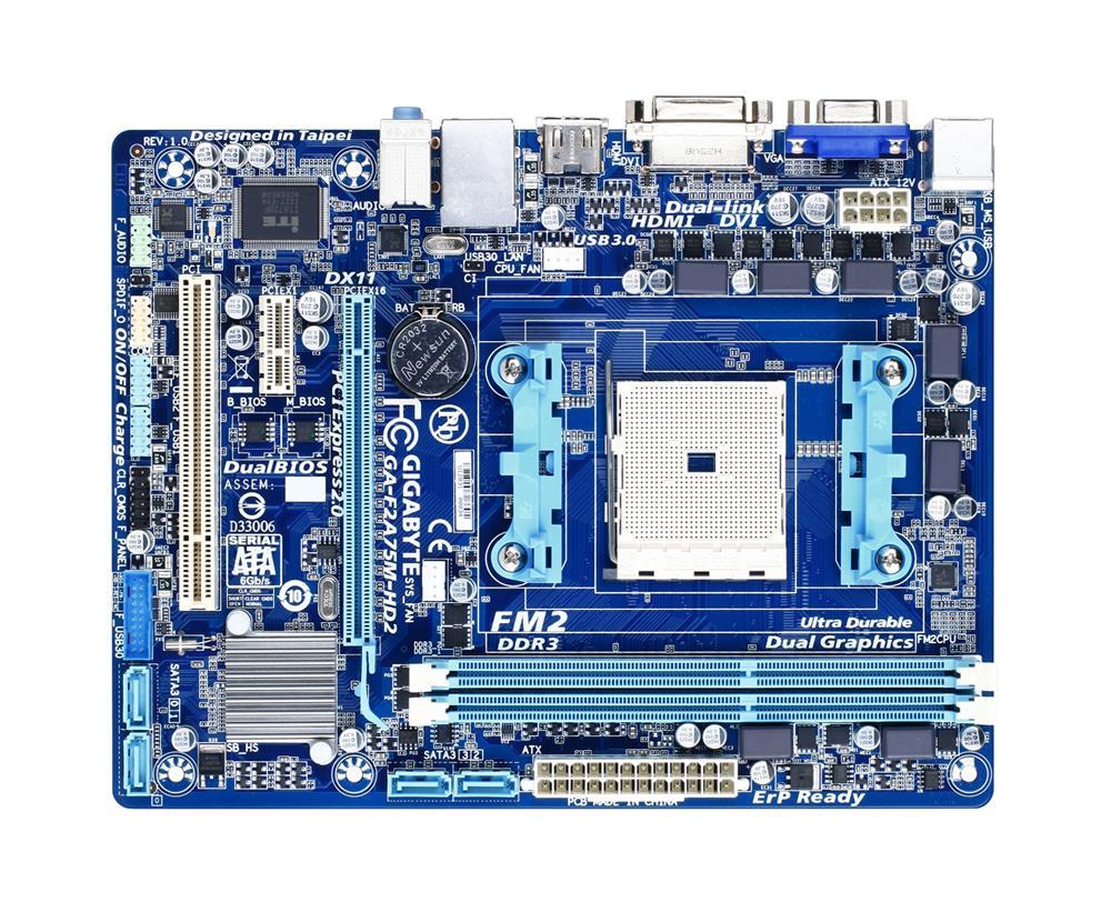 GA-F2A75M-HD2 Gigabyte Socket FM2 AMD A75 Chipset AMD A Series / AMD Athlon Series Processors Support DDR3 2x DIMM 4x SATA 6.0Gb/s Micro ATX Motherboard (Refurbished)