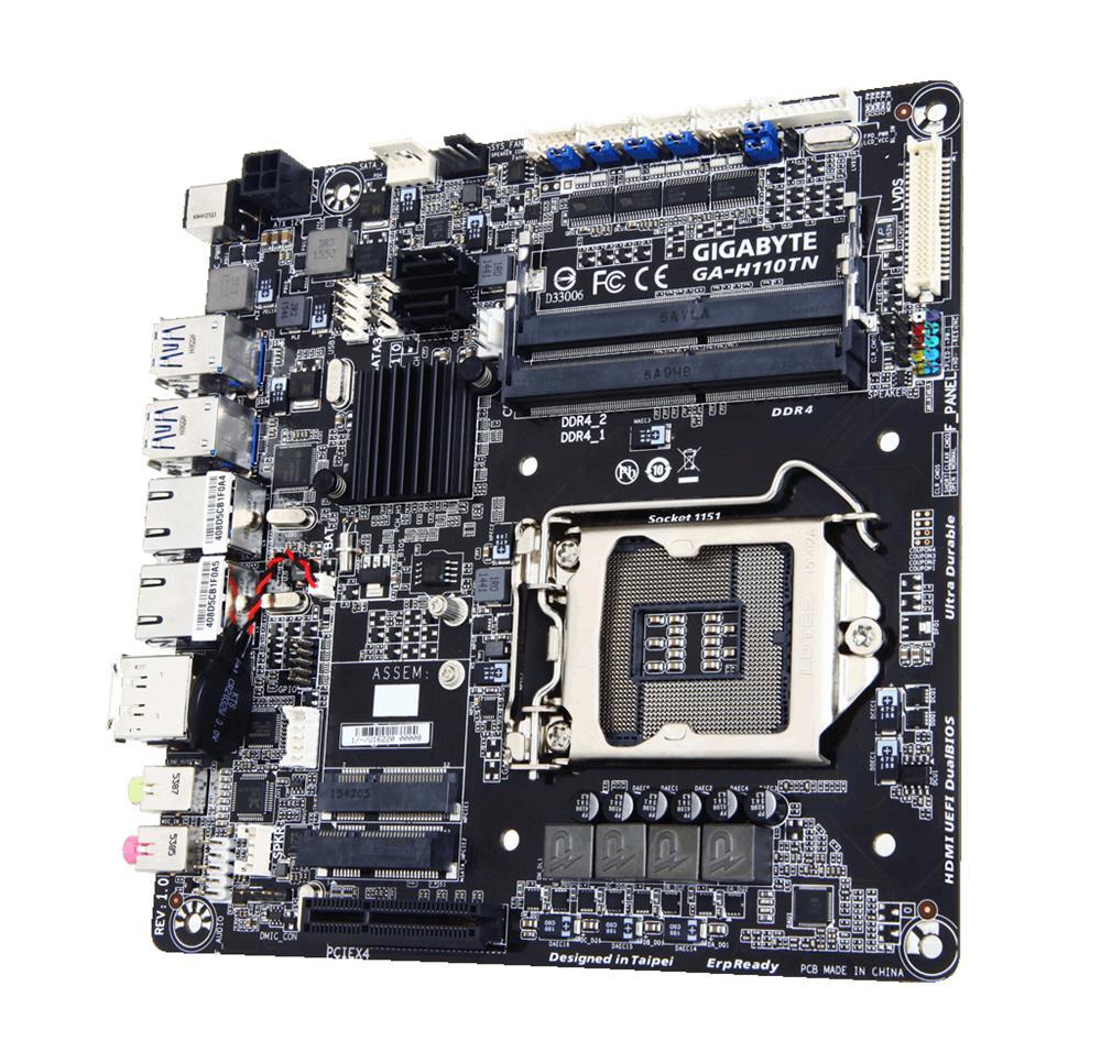 GA-H110TN-GSM PLUS Gigabyte Socket LGA 1151 Intel H110 Express Chipset 7th/6th Generation Core i7 / i5 / i3 / Pentium / Celeron Processors Support DDR4 2x DIMM 2x SATA 6.0Gb/s Thin Mini-ITX Motherboard (Refurbished)