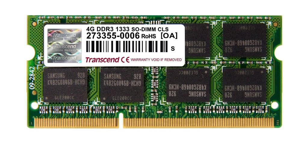 JM1333KSN-8GK Transcend JetRam 8GB Kit (2 X 4GB) PC3-10600 DDR3-1333MHz non-ECC Unbuffered CL9 204-Pin SoDimm Dual Rank Memory
