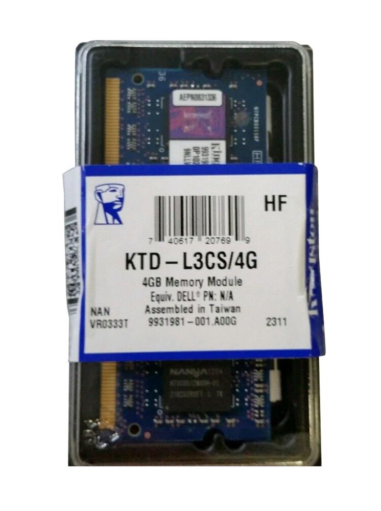 KTD-L3CS/4G Kingston 4GB PC3-12800 DDR3-1600MHz non-ECC Unbuffered CL11 204-Pin SoDimm Single Rank Memory Module