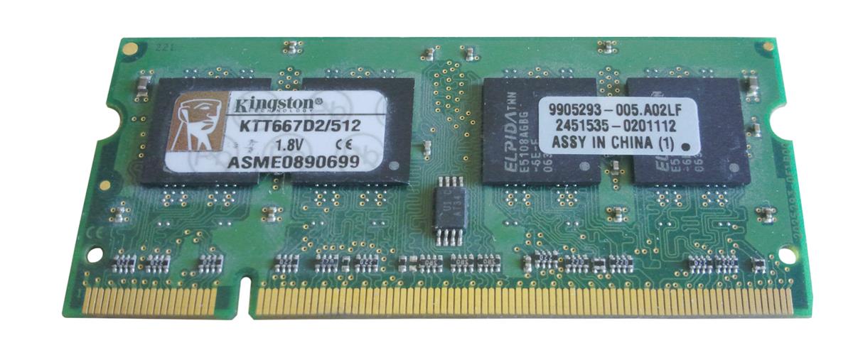 KTT667D2/512 Kingston 512MB PC2-5300 DDR2-667MHz non-ECC Unbuffered CL5 200-Pin SoDimm Single Rank Memory Module for Toshiba